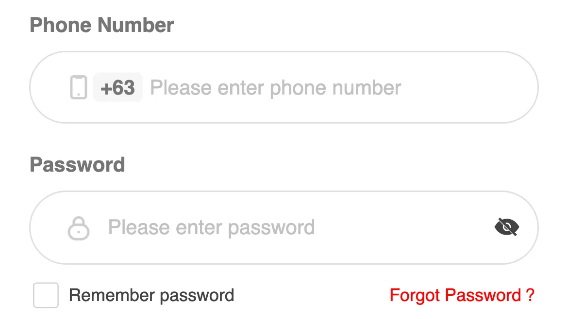 Novaluxia download and registration step: the login screen with an empty +63 phone number field, a password field and the Remember password option