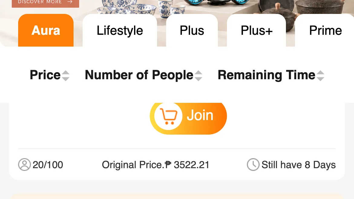 Novaluxia app live group card showing 20 of 100 participants at ₱3,522.21 with eight days left to fill, the screen behind most novaluxia scam claims we sorted