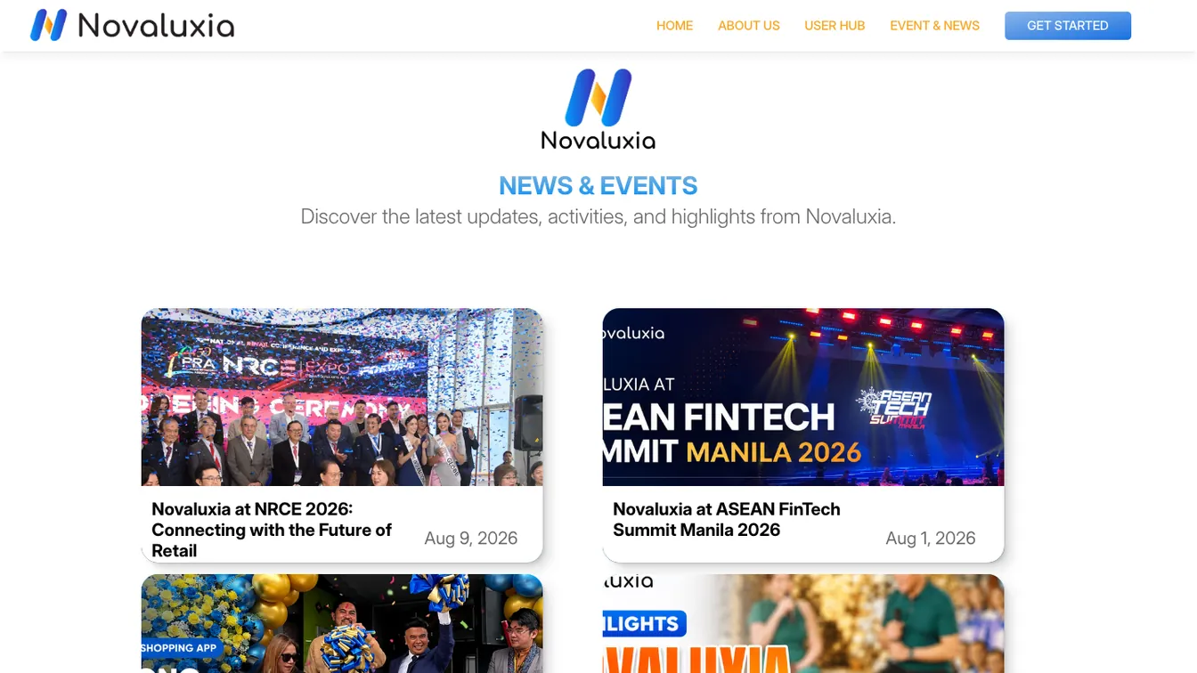 Screenshot of the official News & Events page at novaluxia.com, listing dated company announcements