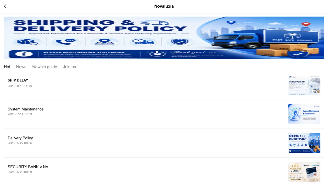 Screenshot of the official Shipping & Delivery Policy announcement on the Novaluxia news page