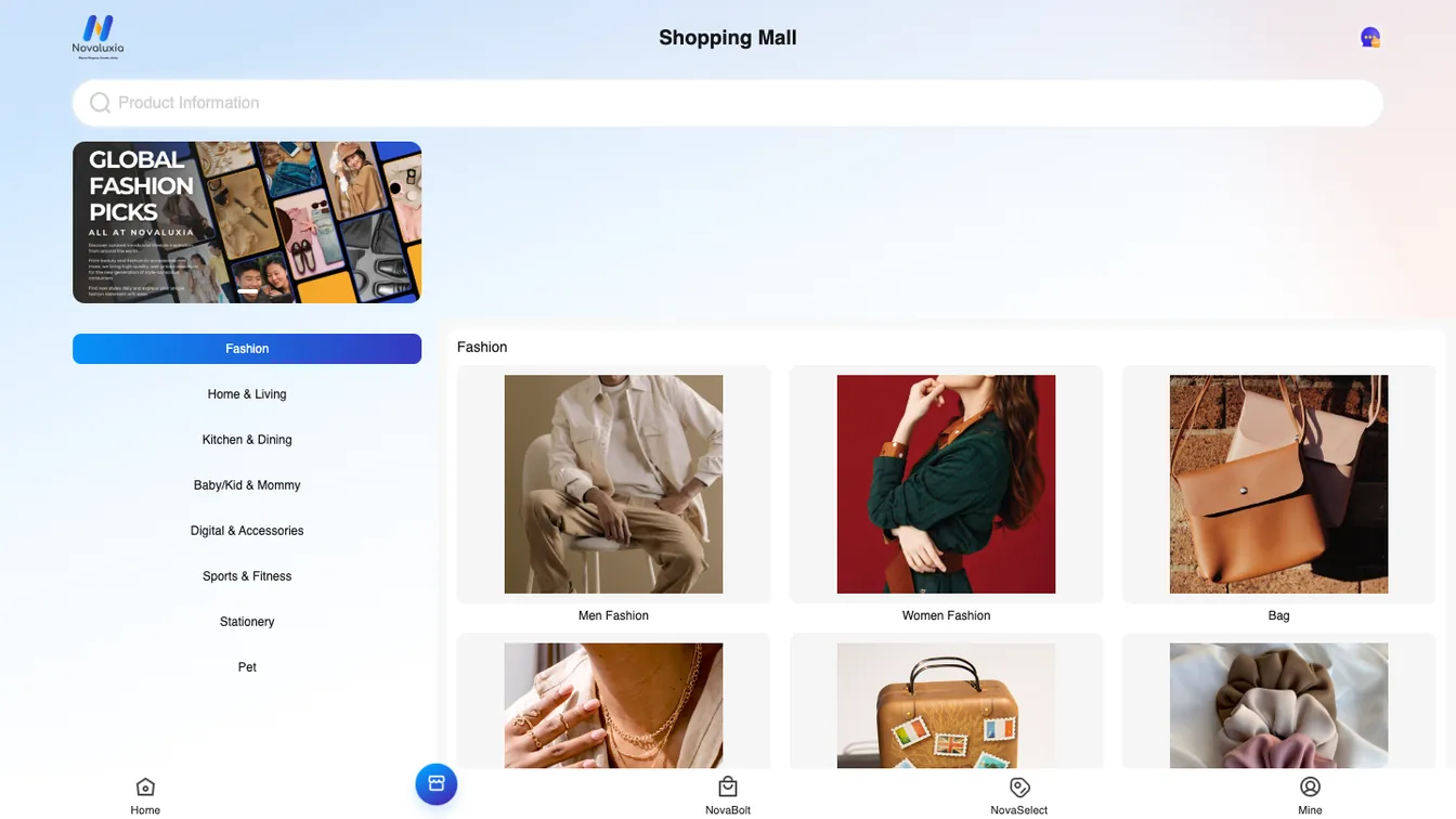 Screenshot of the official web store at novaluxia.ph, showing the Shopping Mall category listing