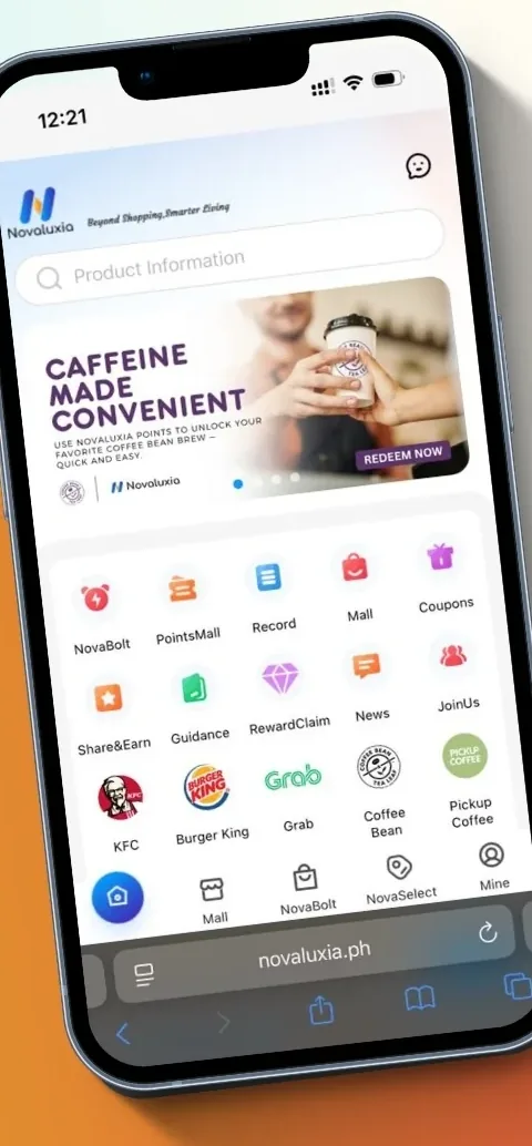 Novaluxia home screen in a phone frame with the Caffeine Made Convenient banner and the NovaBolt, PointsMall, Record, Mall and Coupons shortcuts