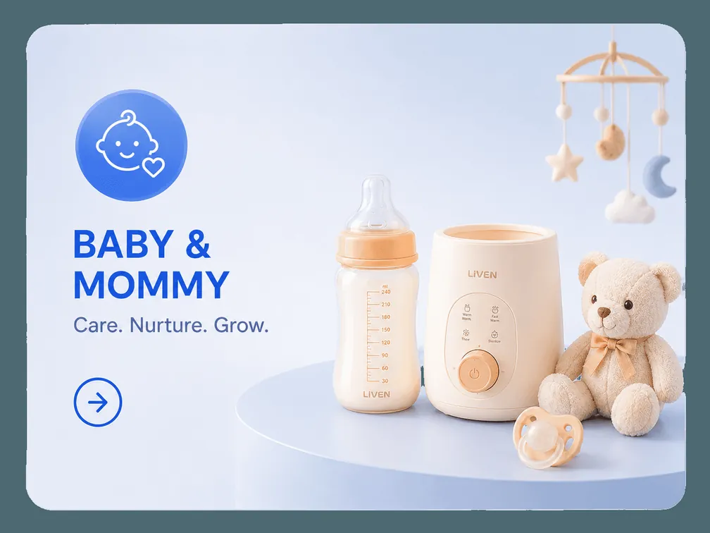Baby and mommy category card in the Novaluxia mall: a bottle warmer, a milk bottle, a teddy bear and a crib mobile
