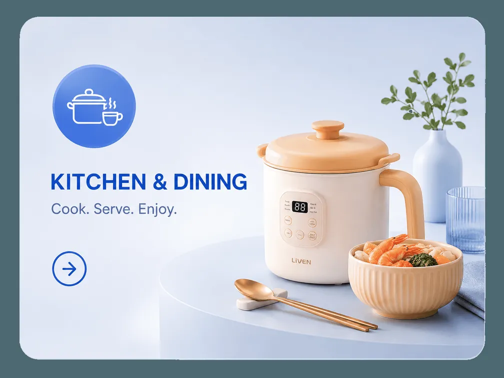 Novaluxia mall category card for kitchen and dining, showing an electric multi-cooker and a bowl of food
