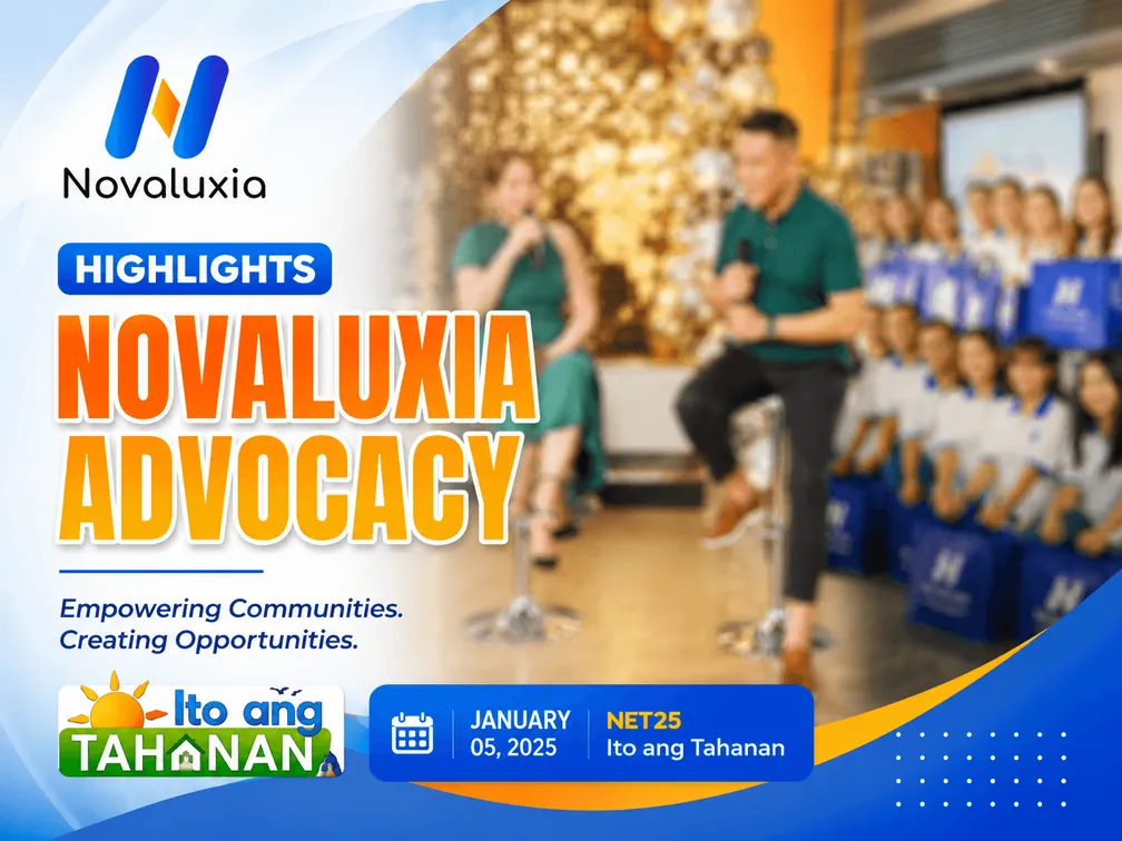 Novaluxia advocacy highlights card from a NET25 feature, hosts on stage in front of an audience in branded caps