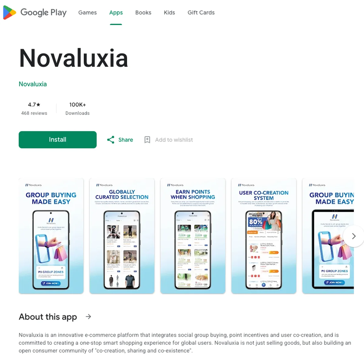 Google Play listing for the Novaluxia app showing the name Novaluxia, the developer Novaluxia, a 4.7-star rating from 468 reviews and 100K+ downloads